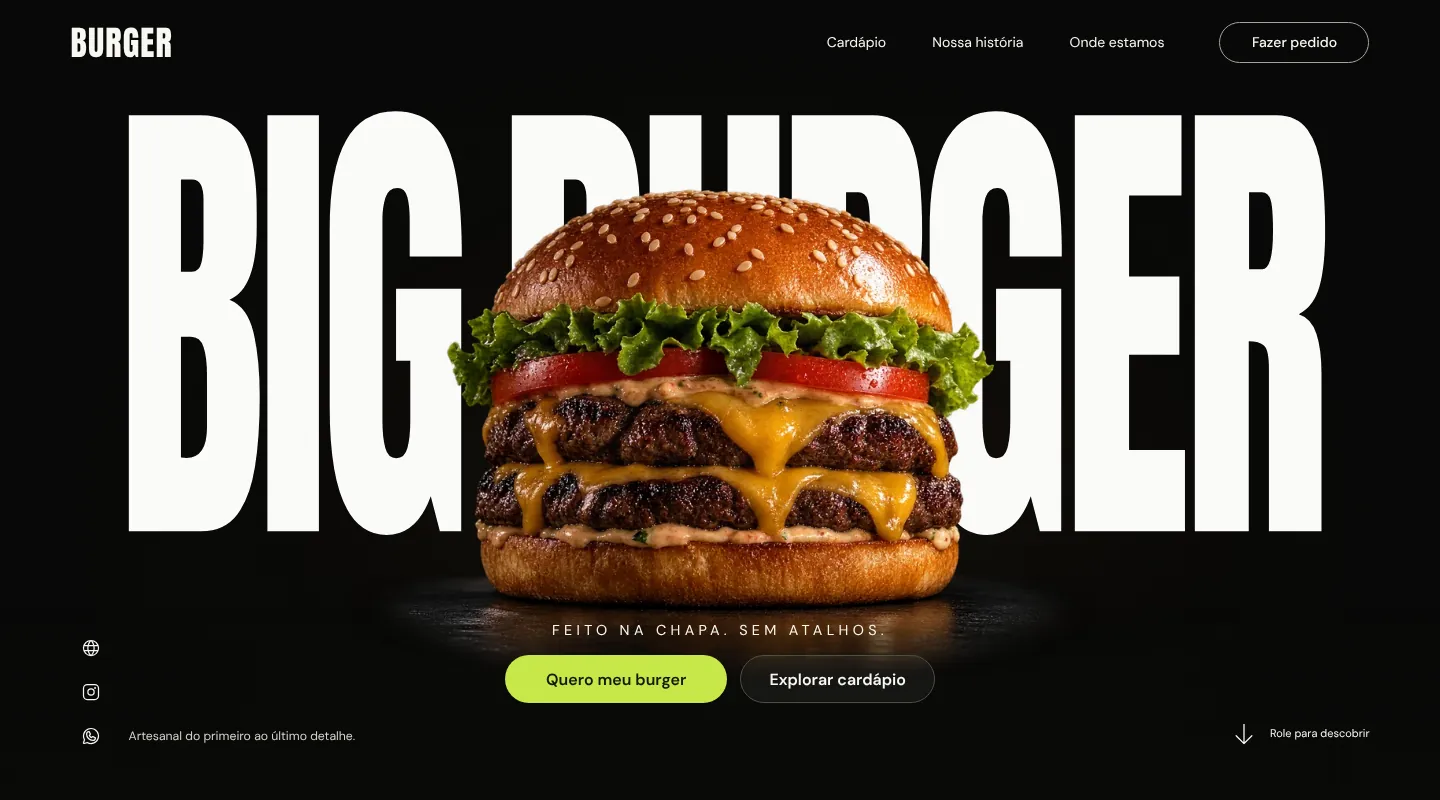O mesmo site Burger pronto, com as cores e a foto do hambúrguer